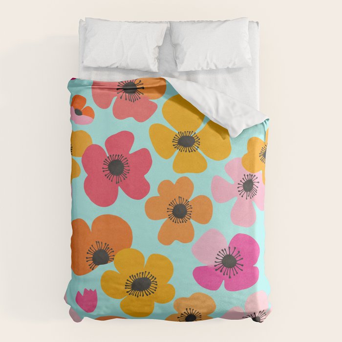 Midcentury Playful Botanical Bold Multicolor Retro Flowers Turquoise Duvet Cover Gallery Image 1