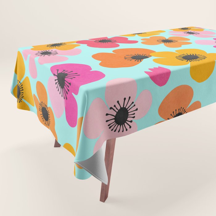 Midcentury Playful Botanical Bold Multicolor Retro Flowers Turquoise Tablecloth Gallery Image 1