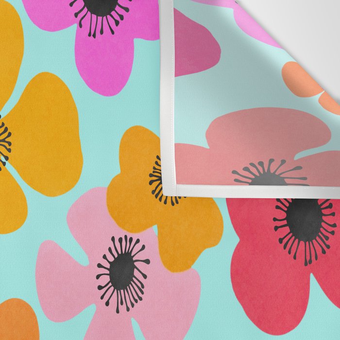 Midcentury Playful Botanical Bold Multicolor Retro Flowers Turquoise Wall Tapestry Gallery Image 3