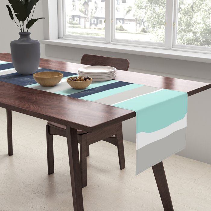 Ocean, Stripe Abstract Pattern, Navy, Aqua, Gray Table Runner Gallery Image 2