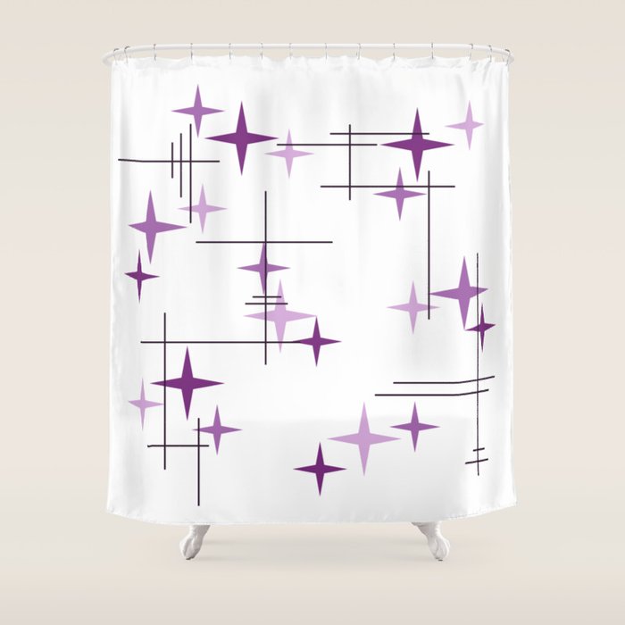 Mid Century Modern Stars Purple Shower Curtain Gallery Image 1