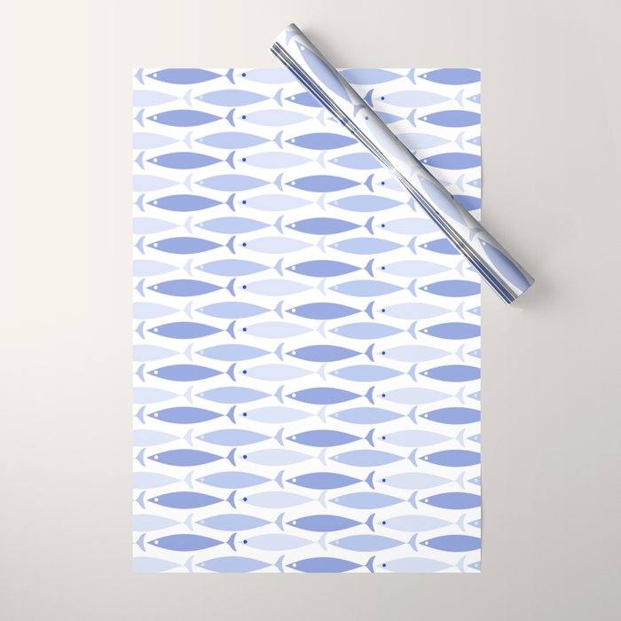 Fish Stripes - Mid Century Modern Pattern in Light Blue and White Wrapping Paper Gallery Image 1