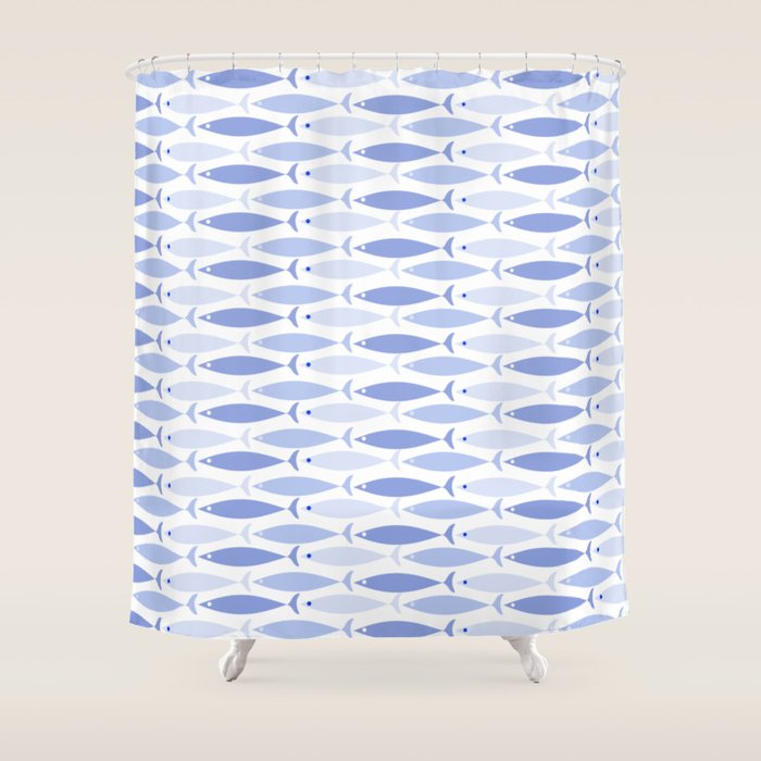 Fish Stripes - Mid Century Modern Pattern in Light Blue and White Shower Curtain Gallery Image 1