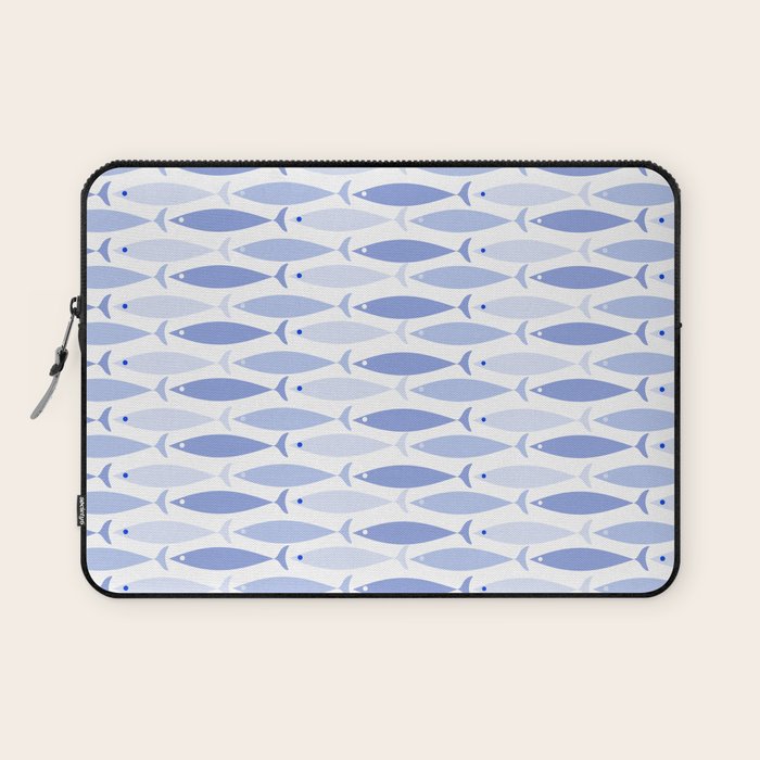 Fish Stripes - Mid Century Modern Pattern in Light Blue and White Laptop Sleeve Gallery Image 1