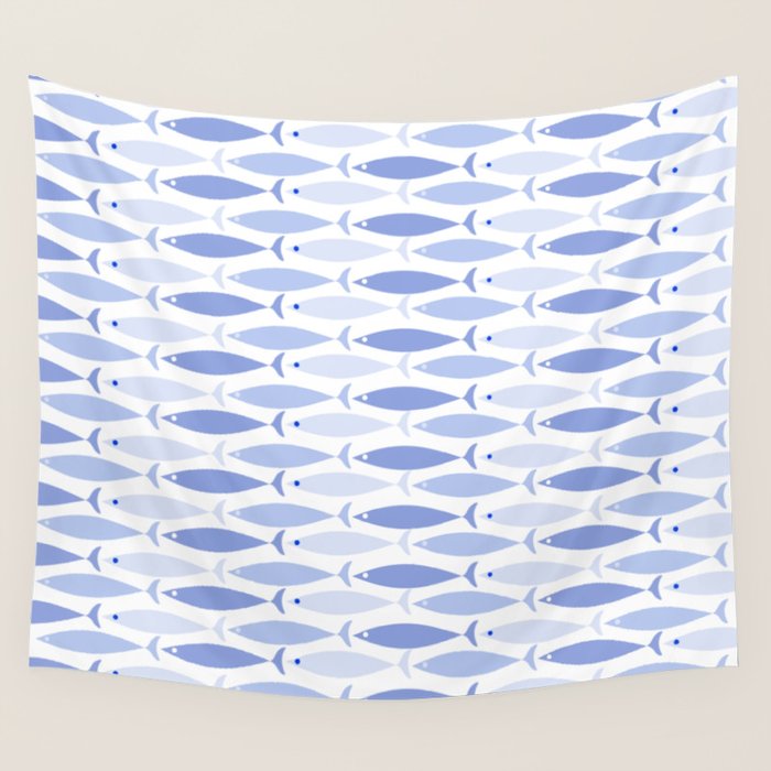 Fish Stripes - Mid Century Modern Pattern in Light Blue and White Wall Tapestry Gallery Image 4