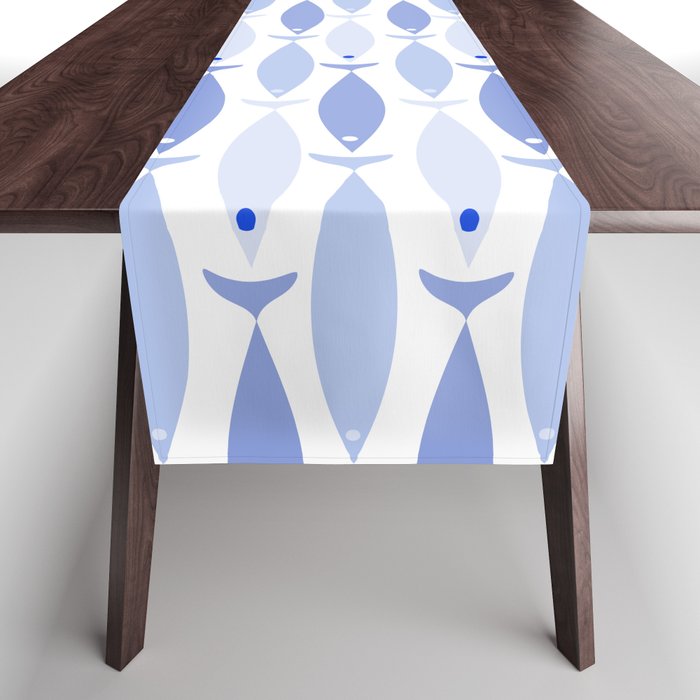 Fish Stripes - Mid Century Modern Pattern in Light Blue and White Table Runner Gallery Image 1