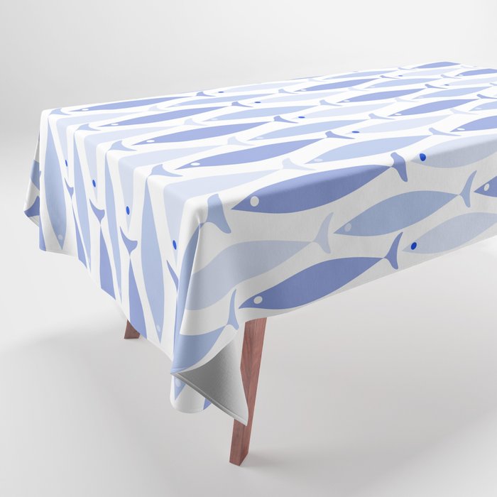 Fish Stripes - Mid Century Modern Pattern in Light Blue and White Tablecloth Gallery Image 1