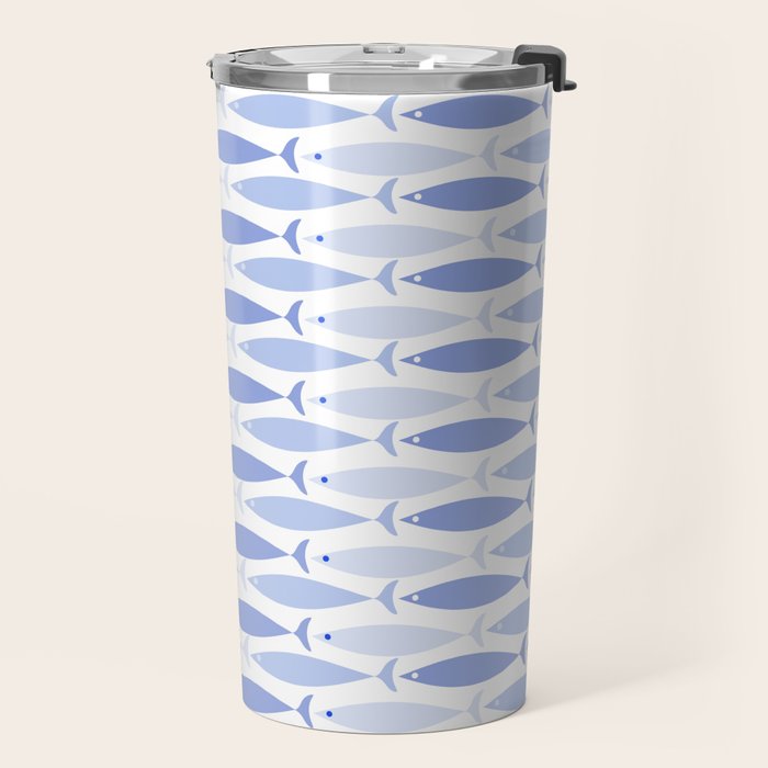 Fish Stripes - Mid Century Modern Pattern in Light Blue and White Travel Mug Gallery Image 2
