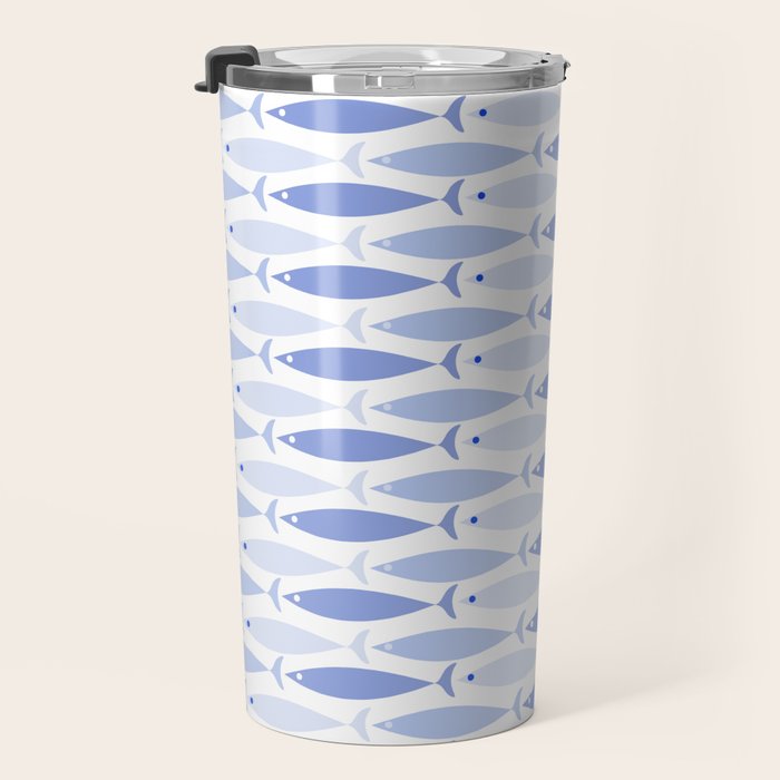 Fish Stripes - Mid Century Modern Pattern in Light Blue and White Travel Mug Gallery Image 3