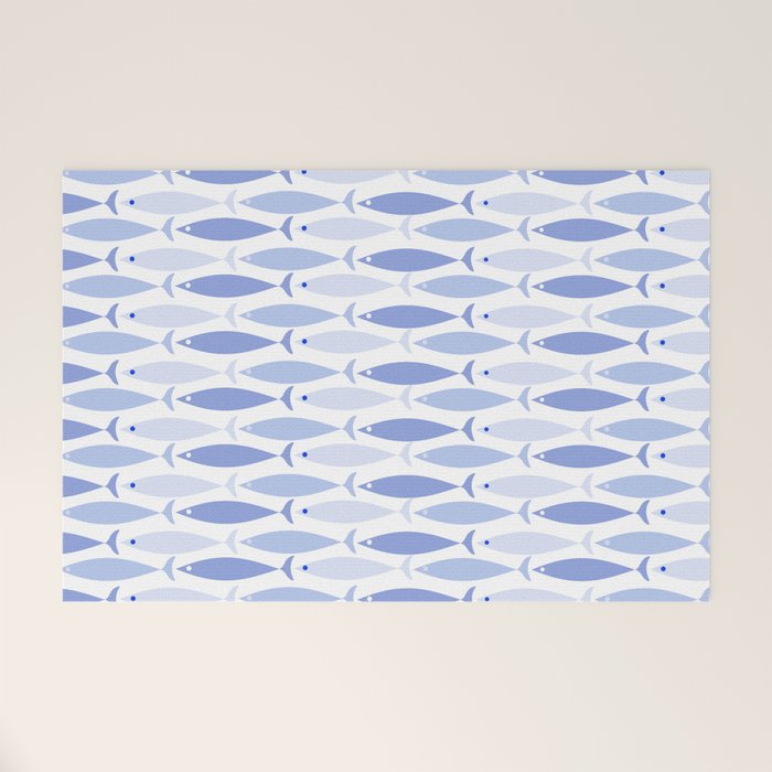 Fish Stripes - Mid Century Modern Pattern in Light Blue and White Welcome Mat Gallery Image 1