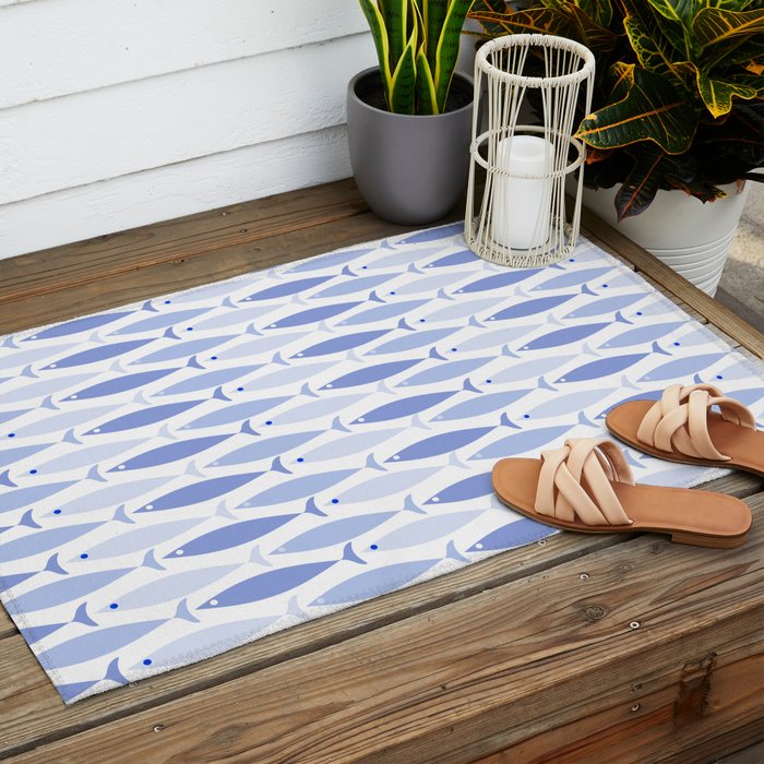 Fish Stripes - Mid Century Modern Pattern in Light Blue and White Outdoor Rug Gallery Image 2