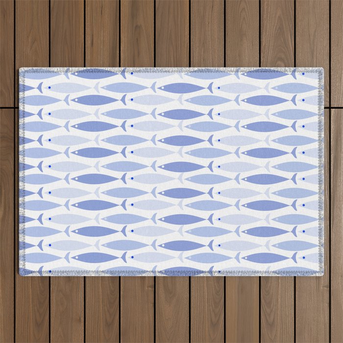 Fish Stripes - Mid Century Modern Pattern in Light Blue and White Outdoor Rug Gallery Image 1