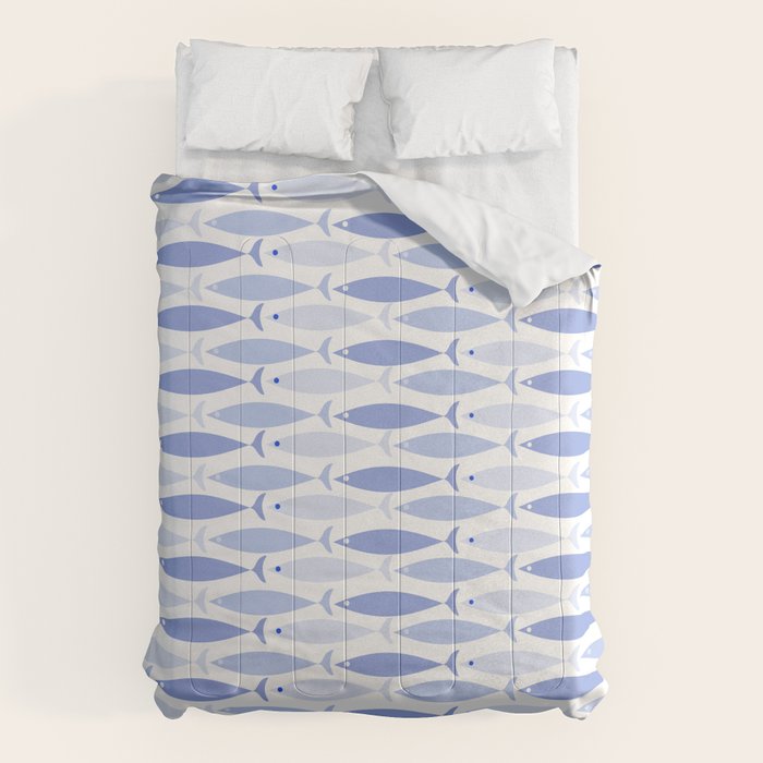 Fish Stripes - Mid Century Modern Pattern in Light Blue and White Comforter Gallery Image 6