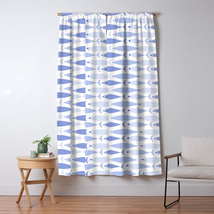 Fish Stripes - Mid Century Modern Pattern in Light Blue and White Window Curtain Gallery Image 1