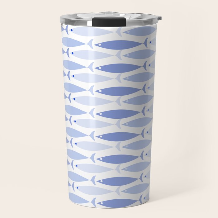 Fish Stripes - Mid Century Modern Pattern in Light Blue and White Travel Mug Gallery Image 1