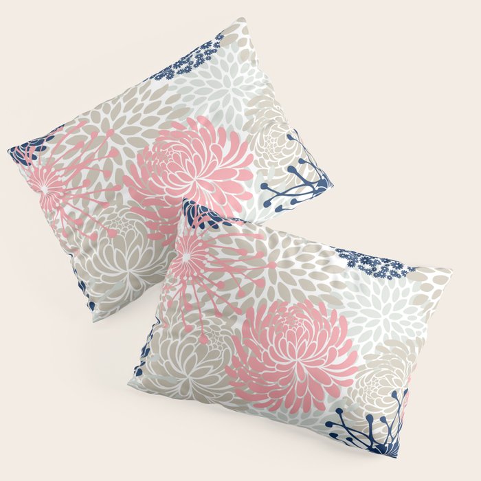 Floral Mixed Blooms, Blush Pink, Navy Blue, Gray, Beige Pillow Sham Gallery Image 3