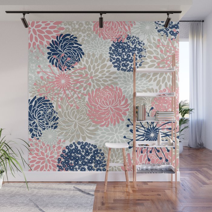 Floral Mixed Blooms, Blush Pink, Navy Blue, Gray, Beige Wall Mural Gallery Image 1