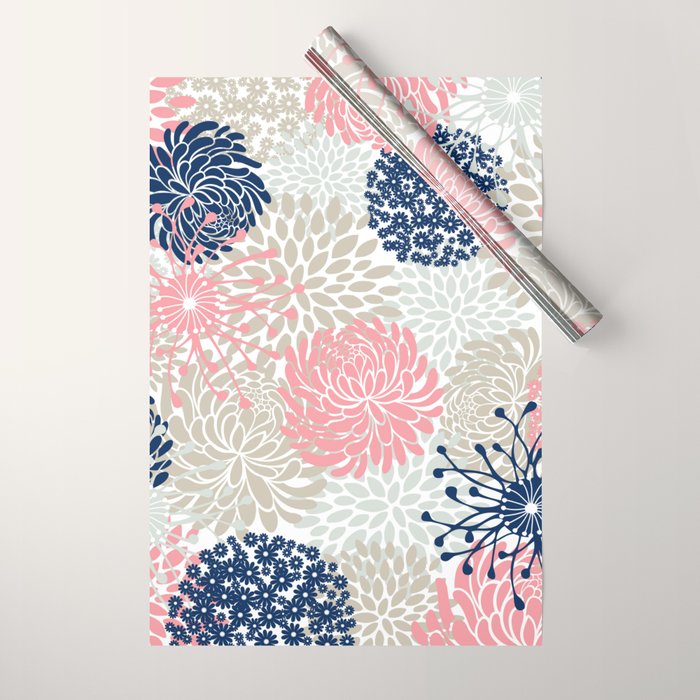 Floral Mixed Blooms, Blush Pink, Navy Blue, Gray, Beige Wrapping Paper Gallery Image 1