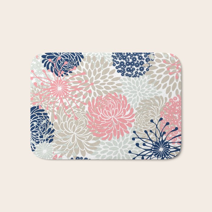 Floral Mixed Blooms, Blush Pink, Navy Blue, Gray, Beige Bath Mat Gallery Image 1