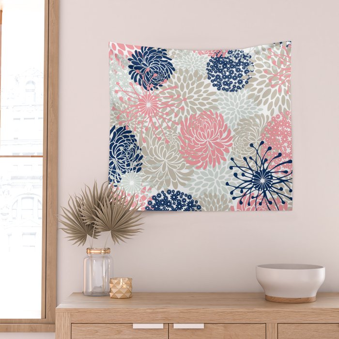 Floral Mixed Blooms, Blush Pink, Navy Blue, Gray, Beige Wall Tapestry Gallery Image 2