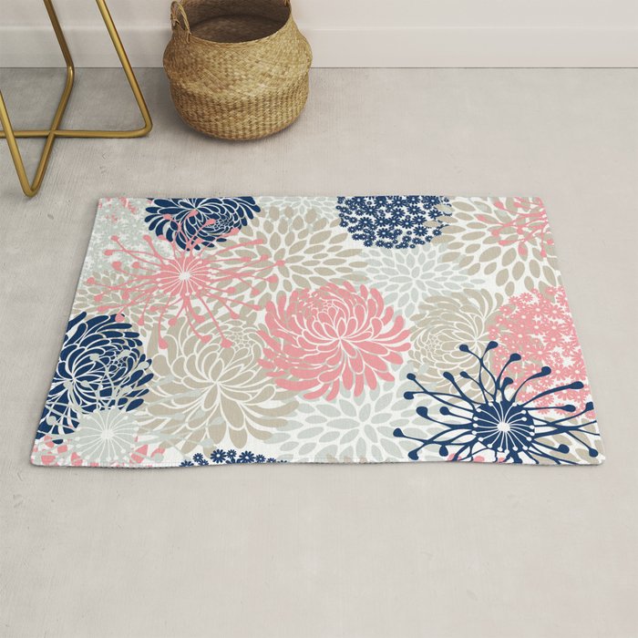 Floral Mixed Blooms, Blush Pink, Navy Blue, Gray, Beige Rug Gallery Image 1