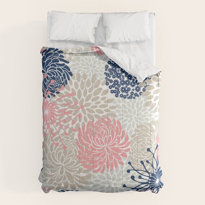 Floral Mixed Blooms, Blush Pink, Navy Blue, Gray, Beige Comforter Gallery Image 1