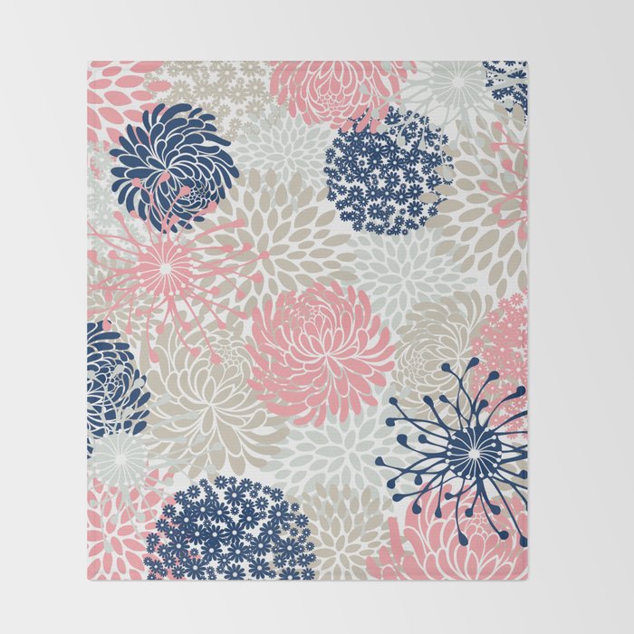 Floral Mixed Blooms, Blush Pink, Navy Blue, Gray, Beige Throw Blanket Gallery Image 2