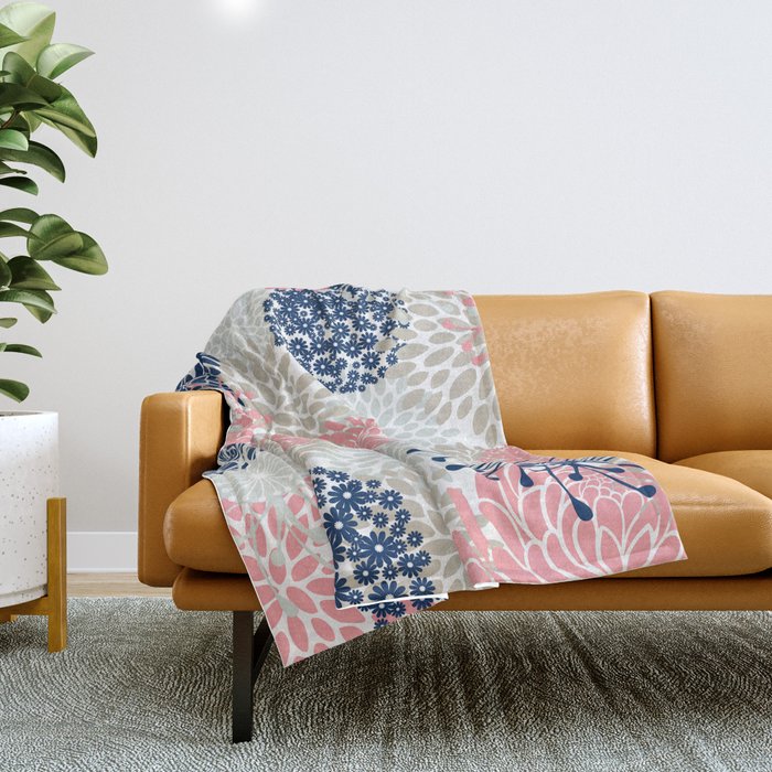 Floral Mixed Blooms, Blush Pink, Navy Blue, Gray, Beige Throw Blanket Gallery Image 1