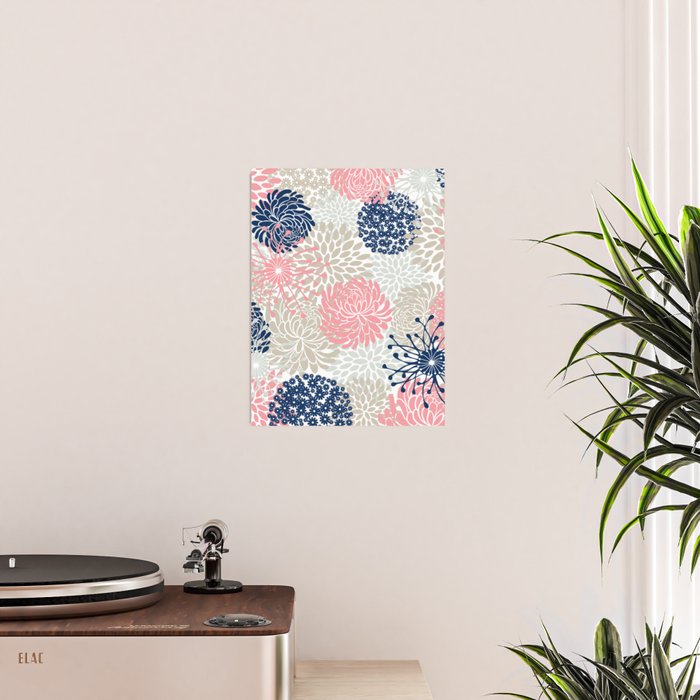 Floral Mixed Blooms, Blush Pink, Navy Blue, Gray, Beige Poster Gallery Image 2