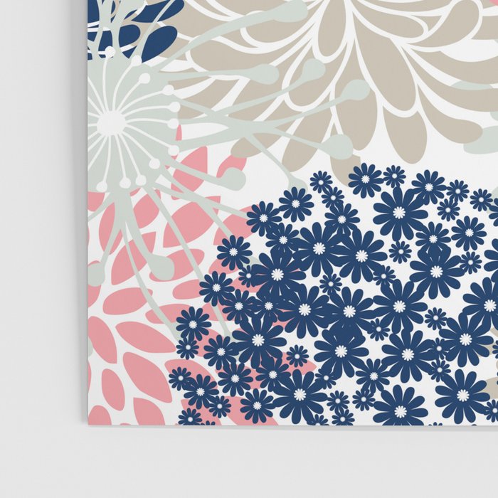 Floral Mixed Blooms, Blush Pink, Navy Blue, Gray, Beige Poster Gallery Image 3