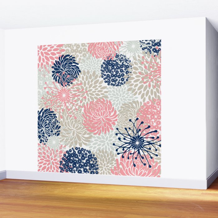 Floral Mixed Blooms, Blush Pink, Navy Blue, Gray, Beige Wall Mural Gallery Image 2