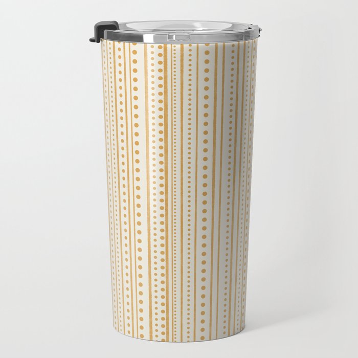 Bamako Textured Stripes and Dots Vertical Pattern in Muted Gold and Cream Travel Mug Gallery Image 3