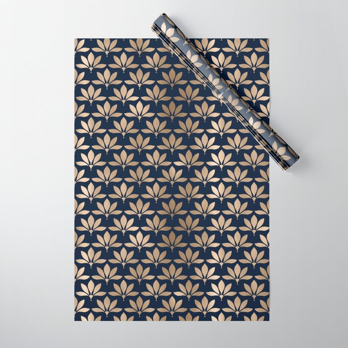 Gold and Navy Art Deco Leaf Design Wrapping Paper Gallery Image 1