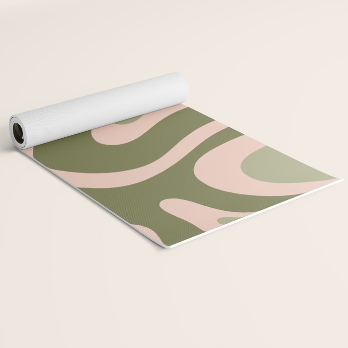Modern Retro Liquid Swirl Abstract Pattern Sage Olive Green and Pale Blush Pink Yoga Mat Gallery Image 2