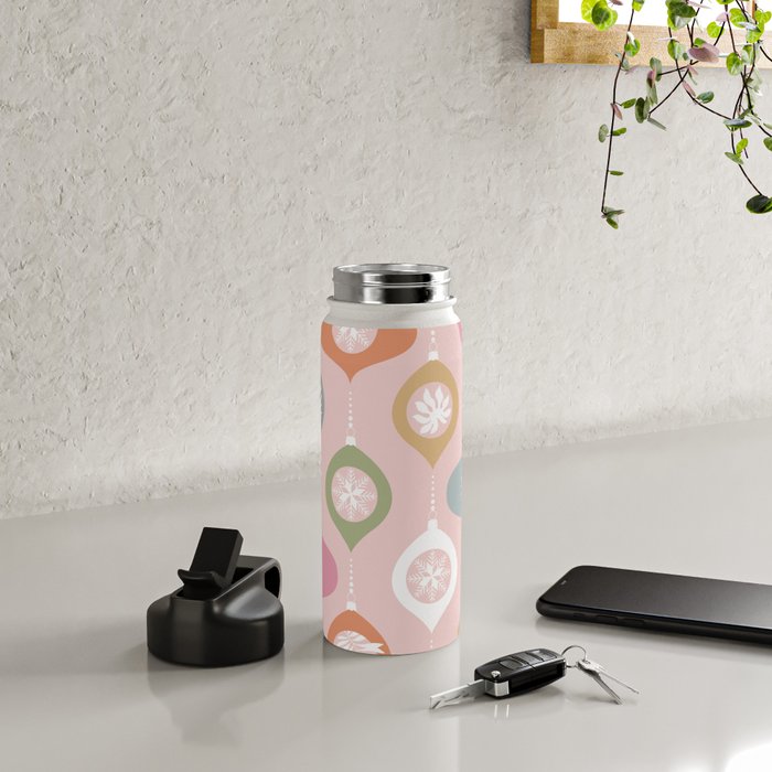 Retro Christmas Baubles Pattern on Pastel Pink Water Bottle Gallery Image 4