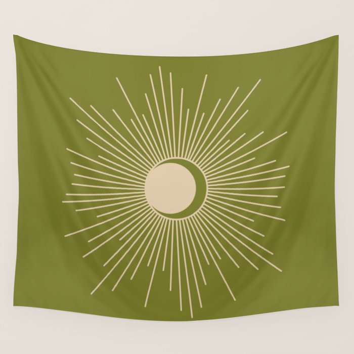 Sun and Moon - Minimalist Mid Mod Olive Green and Beige Design Wall Tapestry Gallery Image 1