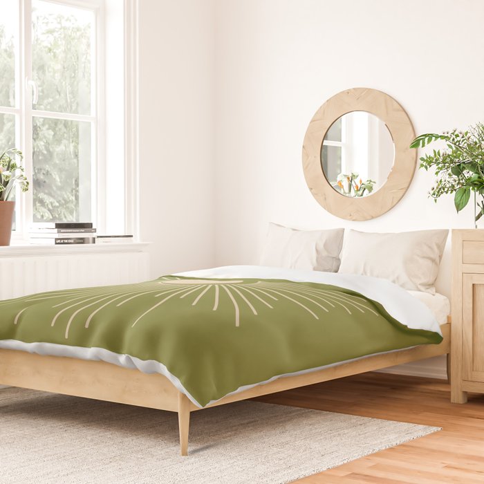 Sun and Moon - Minimalist Mid Mod Olive Green and Beige Design Duvet Cover Gallery Image 2