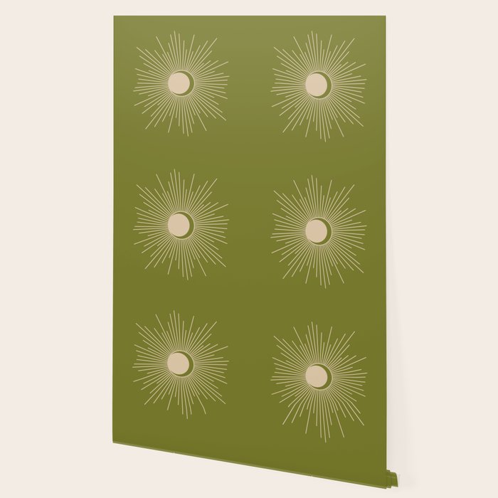 Sun and Moon - Minimalist Mid Mod Olive Green and Beige Design Wallpaper Gallery Image 2
