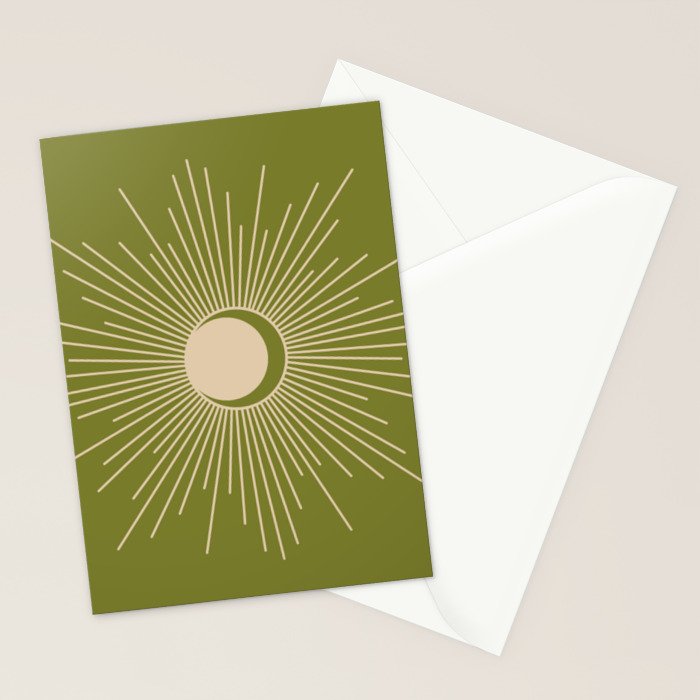 Sun and Moon - Minimalist Mid Mod Olive Green and Beige Design Stationery Card Gallery Image 2