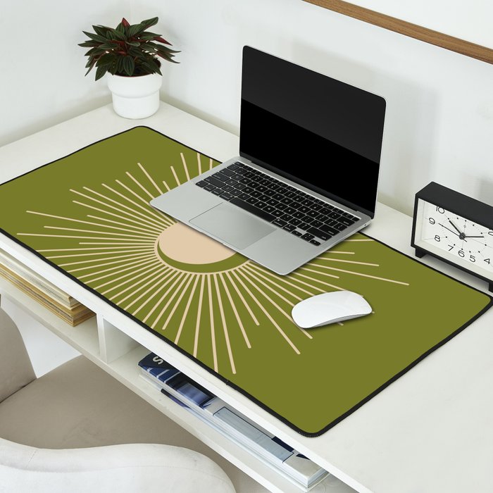 Sun and Moon - Minimalist Mid Mod Olive Green and Beige Design Desk Mat Gallery Image 2