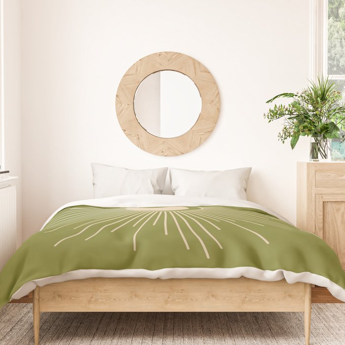 Sun and Moon - Minimalist Mid Mod Olive Green and Beige Design Duvet Cover Gallery Image 3