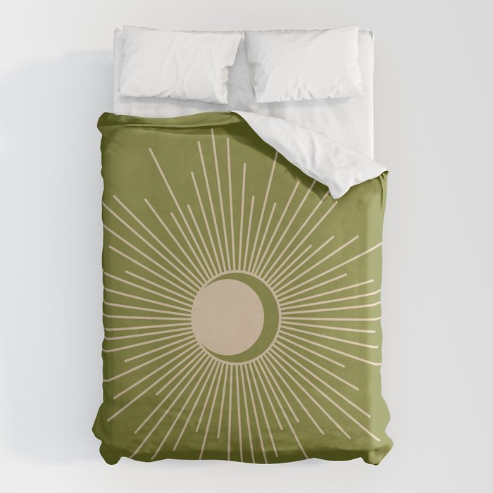Sun and Moon - Minimalist Mid Mod Olive Green and Beige Design Duvet Cover Gallery Image 1