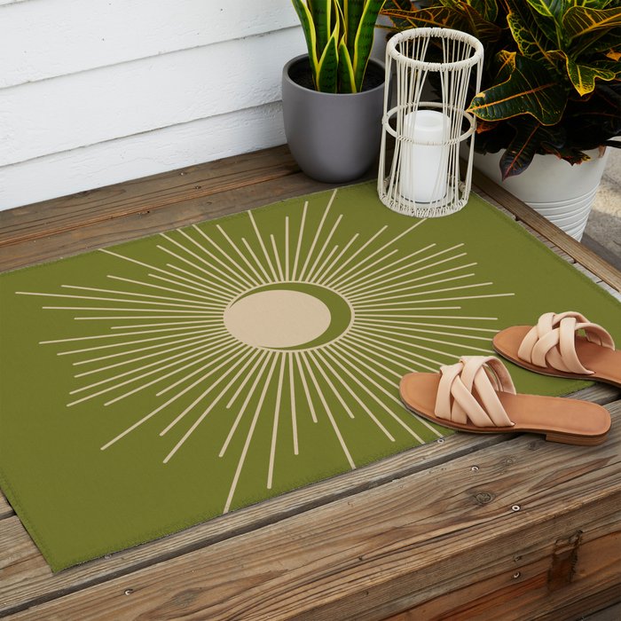 Sun and Moon - Minimalist Mid Mod Olive Green and Beige Design Outdoor Rug Gallery Image 2