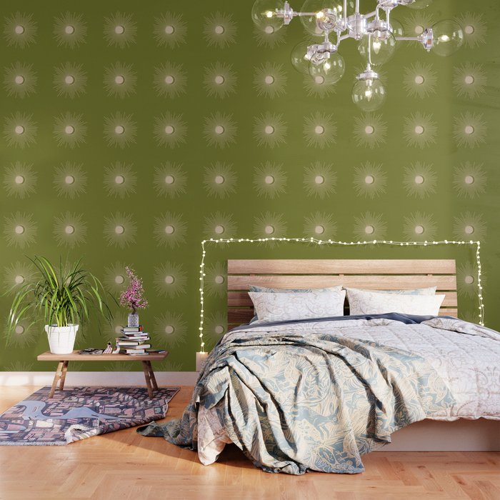 Sun and Moon - Minimalist Mid Mod Olive Green and Beige Design Wallpaper Gallery Image 1