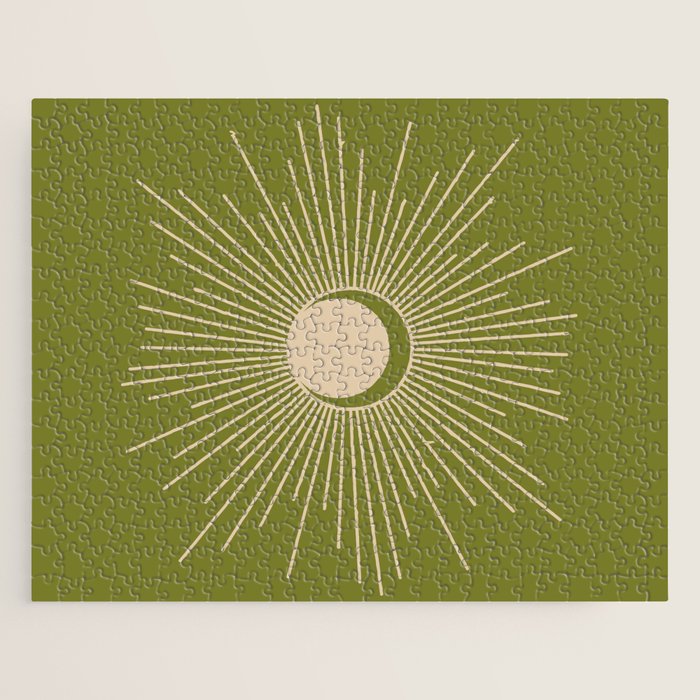 Sun and Moon - Minimalist Mid Mod Olive Green and Beige Design Jigsaw Puzzle Gallery Image 1