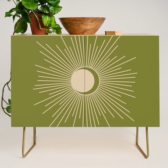 Sun and Moon - Minimalist Mid Mod Olive Green and Beige Design Credenza Gallery Image 1
