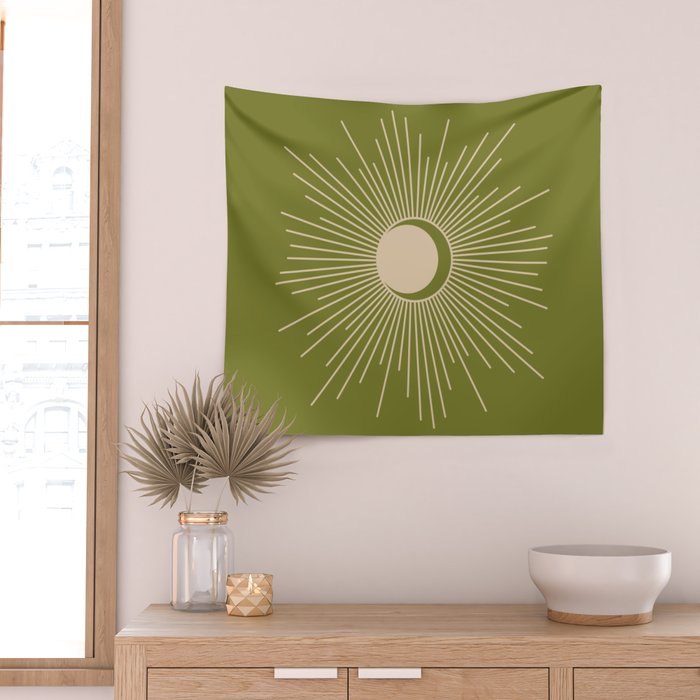 Sun and Moon - Minimalist Mid Mod Olive Green and Beige Design Wall Tapestry Gallery Image 2