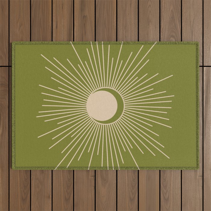 Sun and Moon - Minimalist Mid Mod Olive Green and Beige Design Outdoor Rug Gallery Image 1