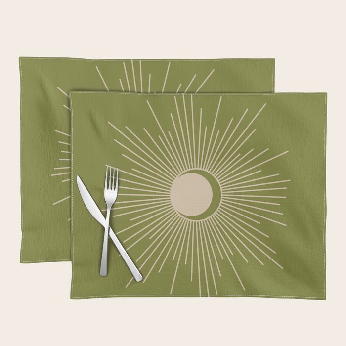 Sun and Moon - Minimalist Mid Mod Olive Green and Beige Design Placemat Gallery Image 1