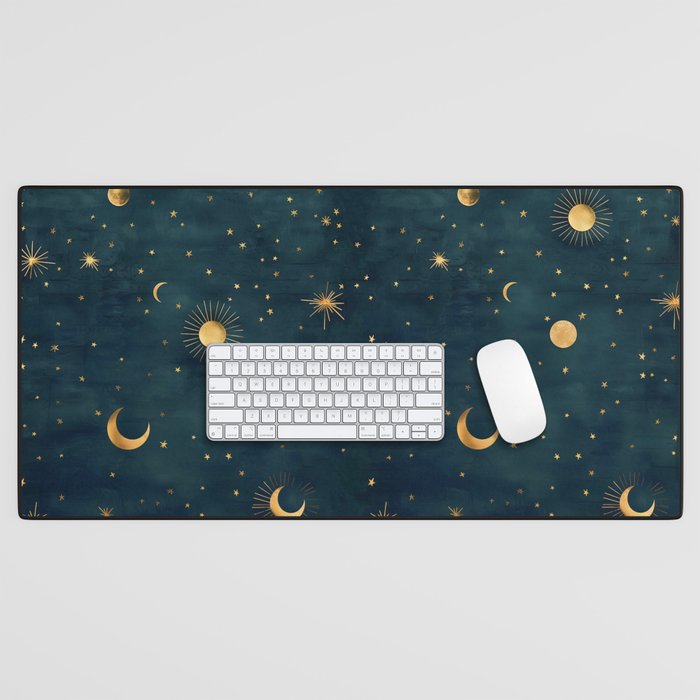 Golden Sun Moon and Stars Radiating the Universes Light Within You Desk Mat